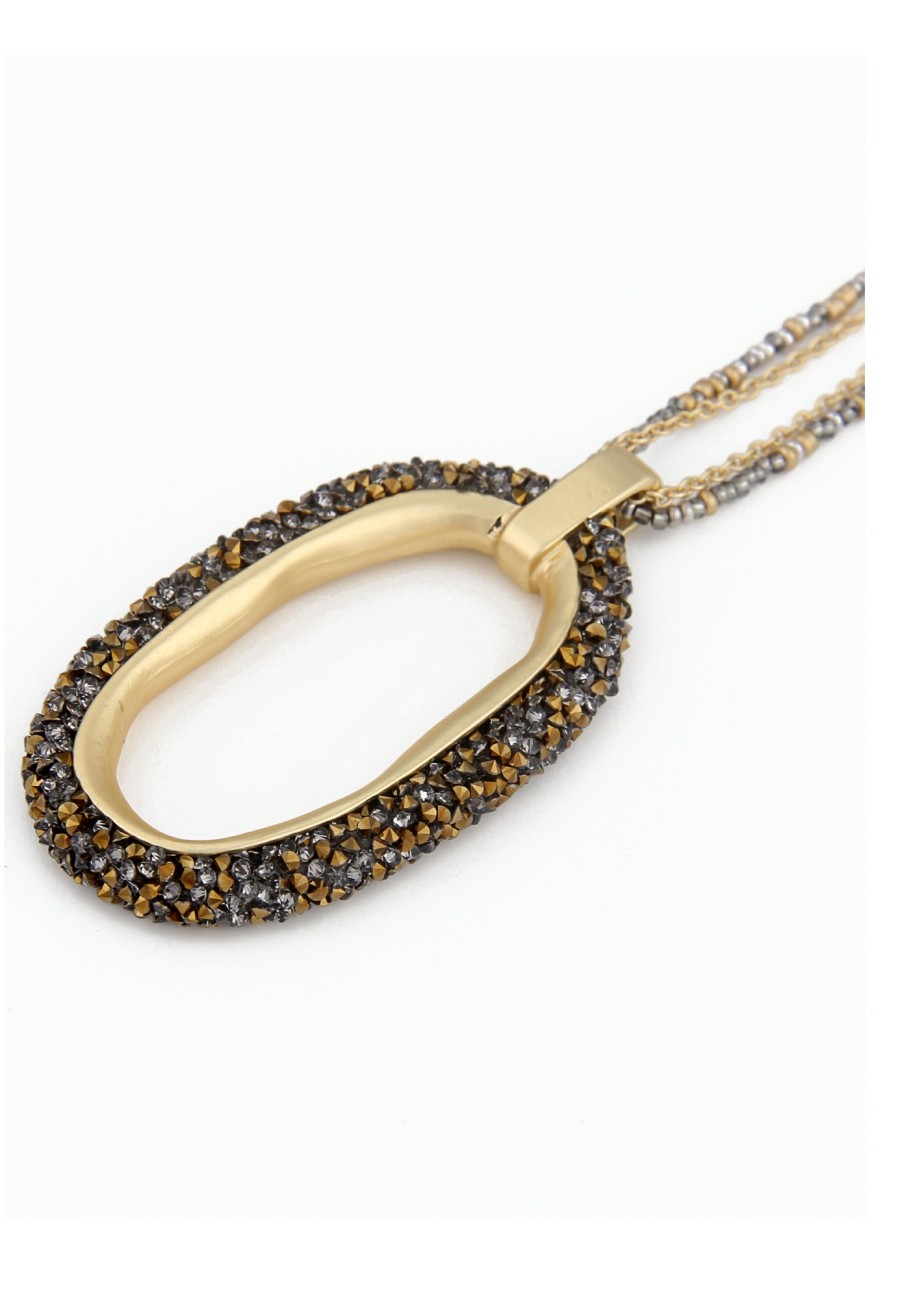 Ketten Leslii | Leslii Lange Statement Halskette Mit Strass Oval Anhanger Gold