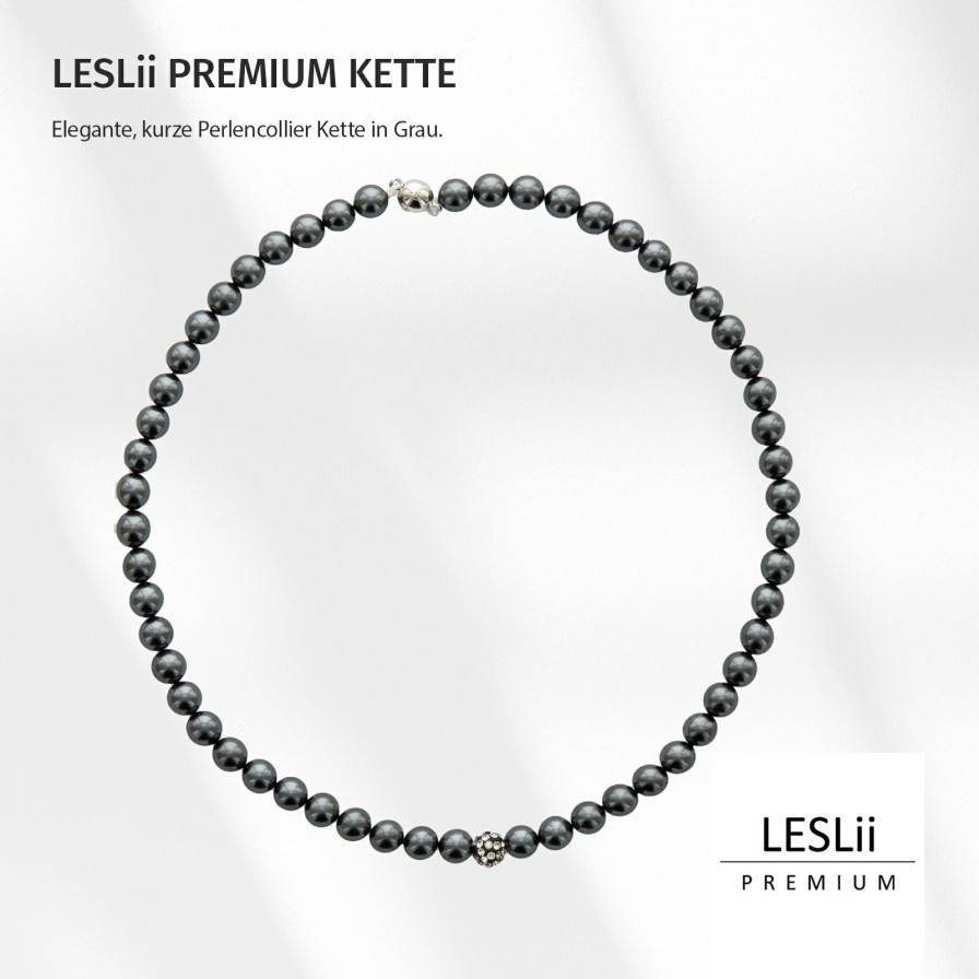 Ketten Leslii | Leslii Damen-Kette Graue Perlen-Kette Weise Strass-Kugel Kurze Halskette Perlen-Collier In Grau