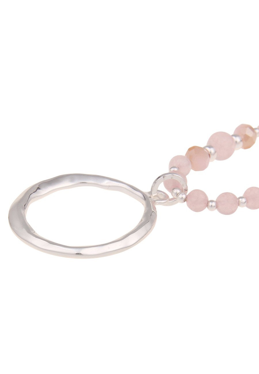 Ketten Leslii | Leslii Damen-Kette Natur-Steine Ring-Anhanger Lange Halskette Modeschmuck-Kette Silber Rosa