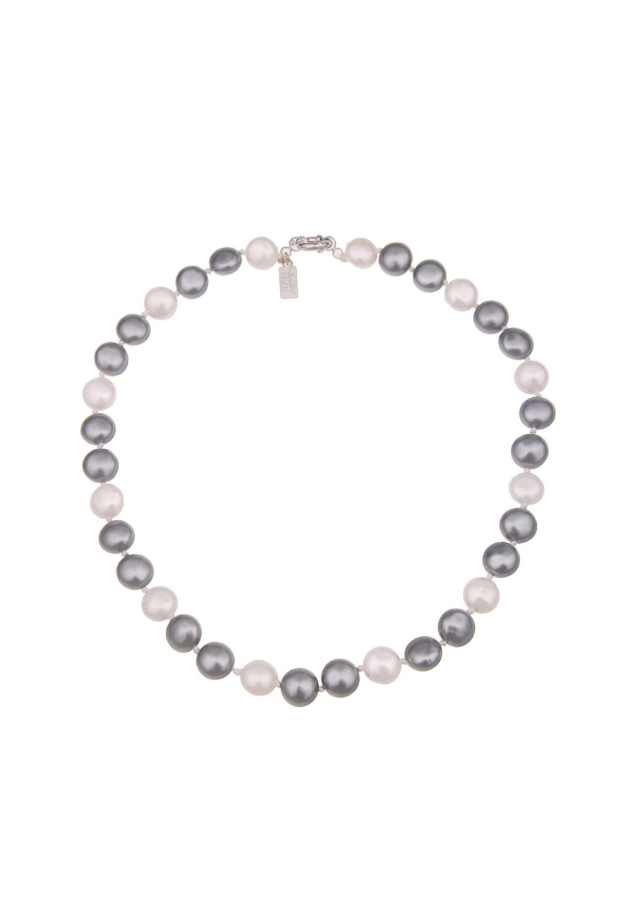 Ketten Leslii | Leslii Damen-Kette Bicolor Perlen-Kette Muschelkern Perlen-Collier Kurze Kette Modeschmuck Grau Weis