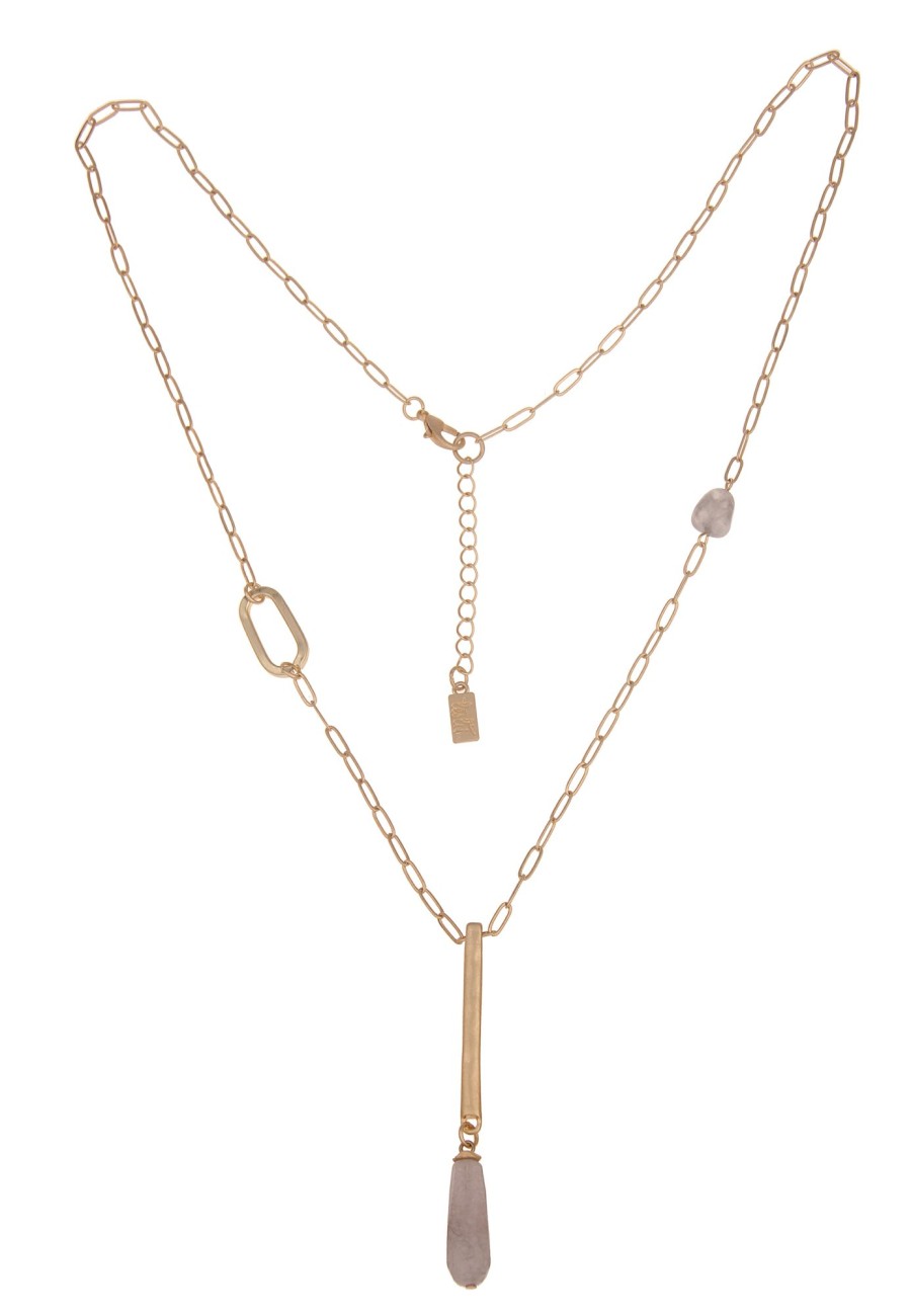 Ketten Leslii | Leslii Damen-Kette Stein-Anhanger Glieder-Kette Natursteine Modeschmuck-Kette Y-Kette Gold Grau