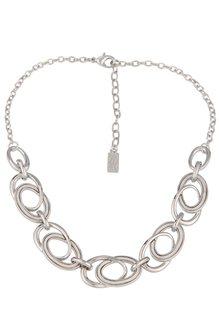 Ketten Leslii | Leslii Damen-Kette Oval-Anhanger Glieder-Kette Statement Kurze Modeschmuck-Kette Silber Weis