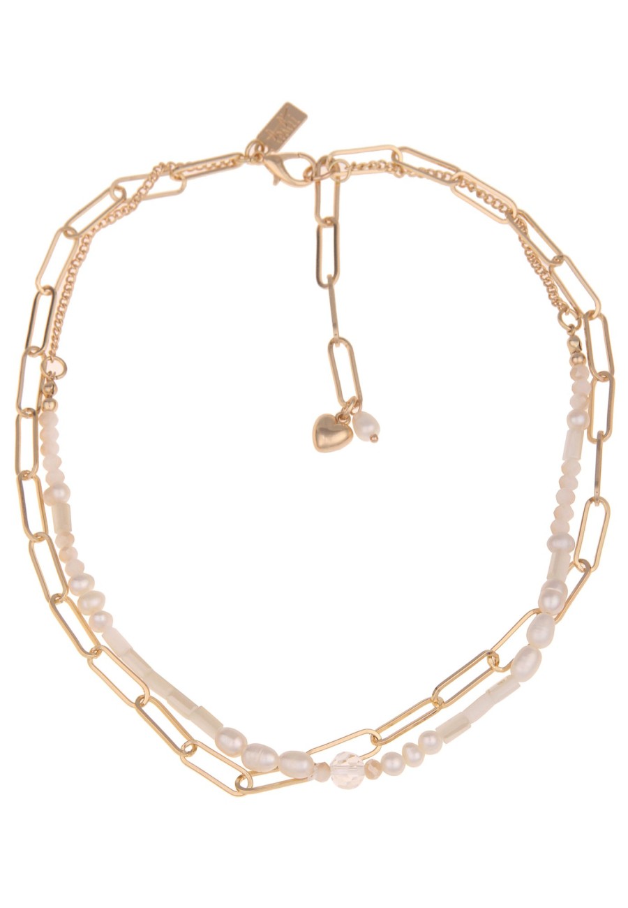 Ketten Leslii | Leslii Damen-Kette Statement Suswasser-Zuchtperlen Layering Glieder-Kette Modeschmuck Gold Weis