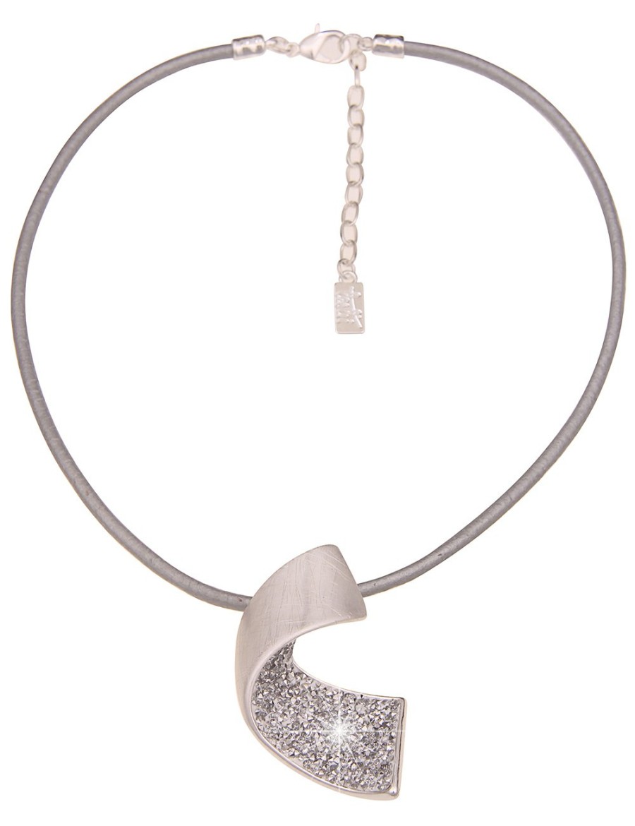 Ketten Leslii | Leslii Damen-Kette Angela Statement Glitzer Anhanger Lederlook-Band Modeschmuck-Kette Silber