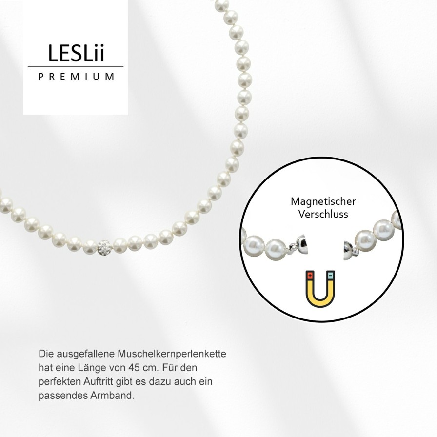 Ketten Leslii | Leslii Damen-Kette Perlen-Collier Weise Perlen-Kette Strass-Kugel Modeschmuck-Kette Weis