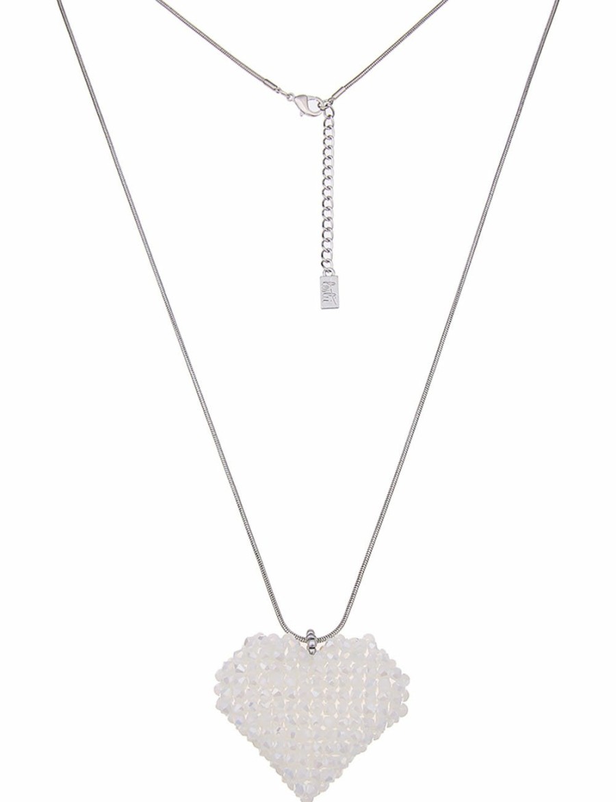 Ketten Leslii | Sale! Leslii Damen-Kette Glasperlen Herz-Anhanger Heart Lange Modeschmuck-Kette Silber Weis