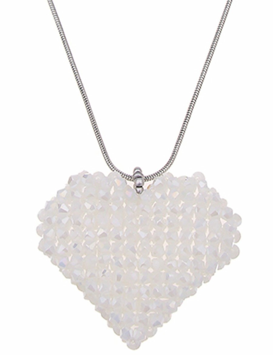 Ketten Leslii | Sale! Leslii Damen-Kette Glasperlen Herz-Anhanger Heart Lange Modeschmuck-Kette Silber Weis