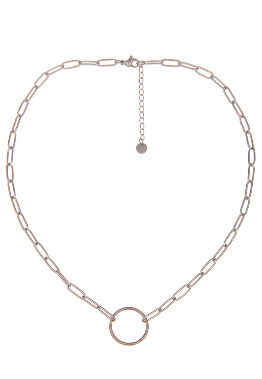 Ketten Leslii | Leslii Damen-Kette Premium Collier Ring-Anhanger Kurze Edelstahl-Kette Glieder-Kette Silber