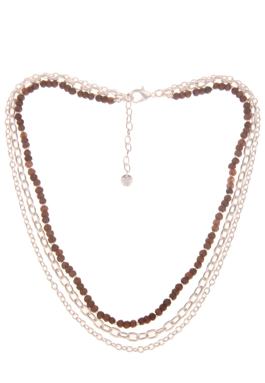 Ketten Leslii | Leslii Damen-Kette Natursteine Glieder-Kette Layer Stein-Kette Kurze Modeschmuck-Kette Silber Braun