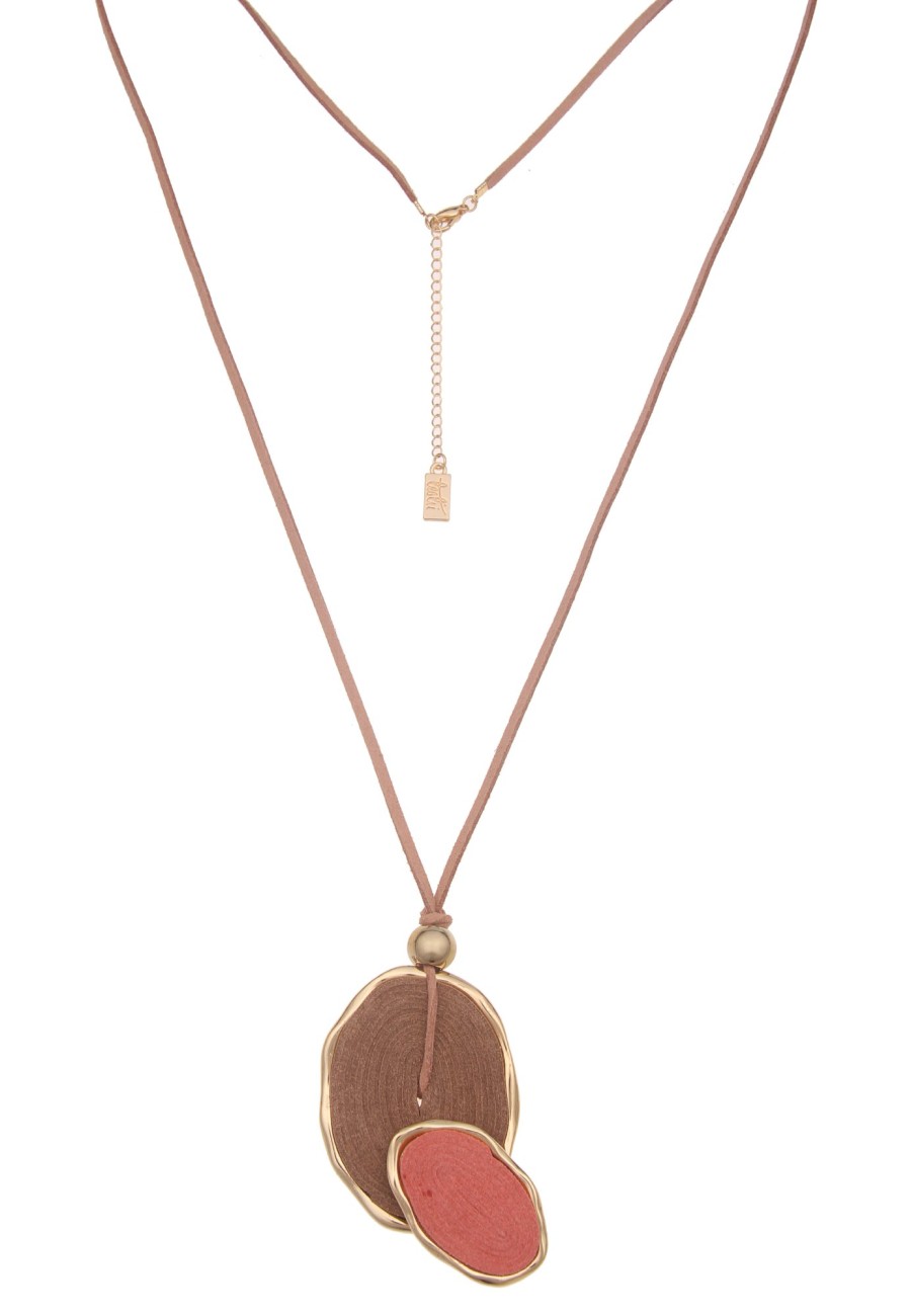 Ketten Leslii | Leslii Damen-Kette Birte Oval-Anhanger Lederlook-Kette Modeschmuck-Kette Gold Braun Rosa