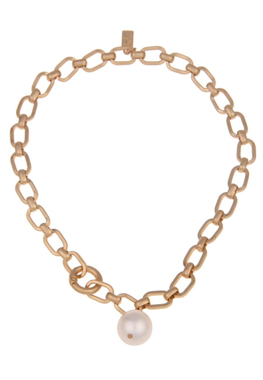 Ketten Leslii | Leslii Damen-Kette Statement Perlen-Anhanger Glieder-Kette Kurze Modeschmuck-Kette Gold Weis