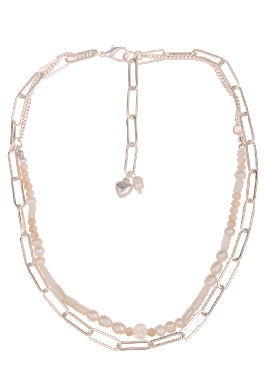 Ketten Leslii | Leslii Damen-Kette Statement Suswasser-Zuchtperlen Layering Glieder-Kette Modeschmuck Silber Weis