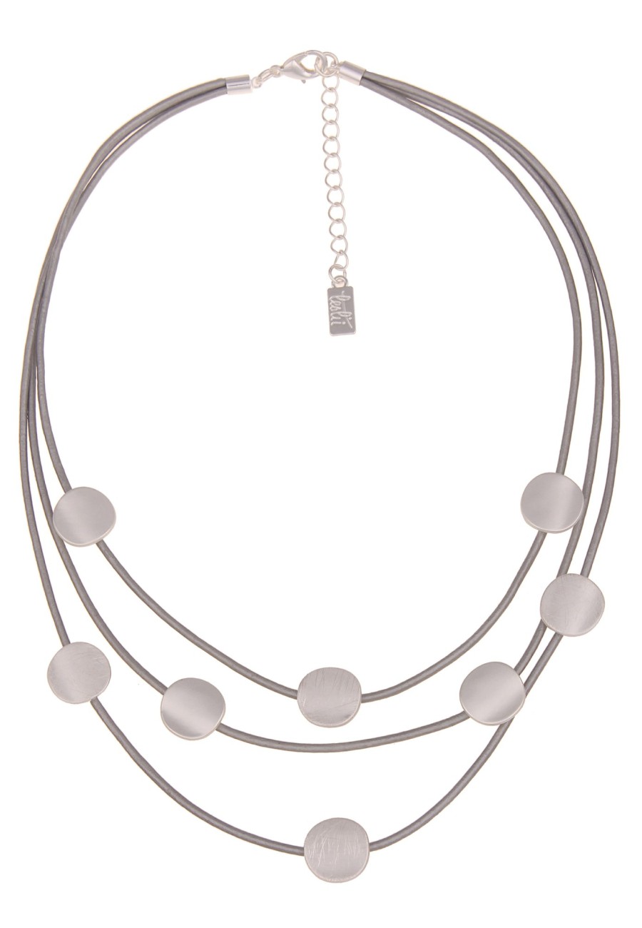 Ketten Leslii | Leslii Damen-Kette Matt-Anhanger Lederlook-Band Mehrreihig Modeschmuck-Kette In Silber Grau