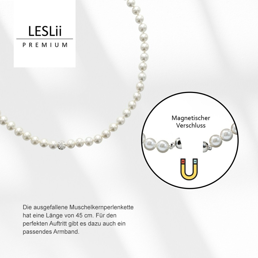 Ketten Leslii | Leslii Damen-Kette Perlen-Collier Weise Perlen-Kette Strass-Kugel Modeschmuck-Kette Weis