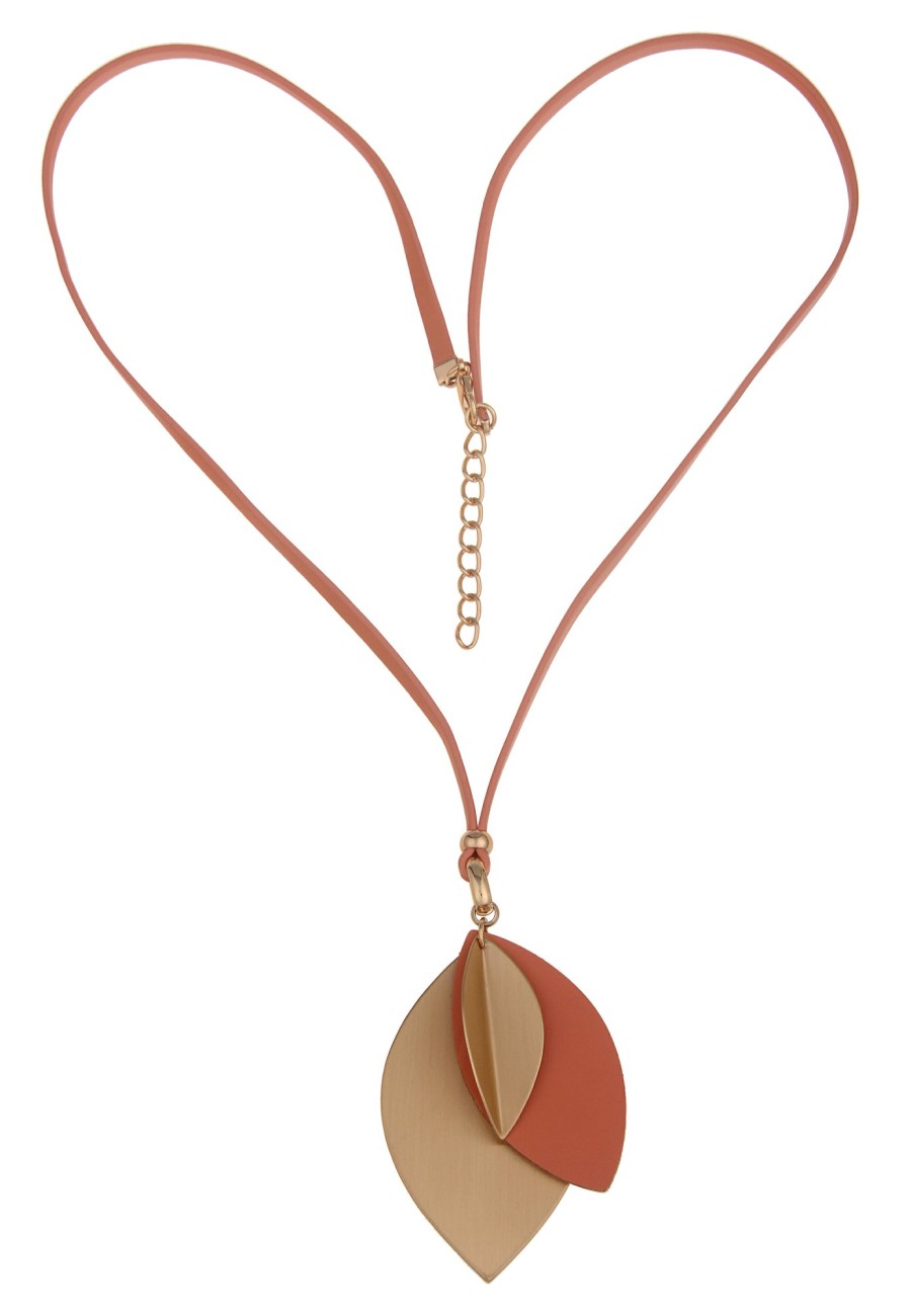 Ketten Leslii | Leslii Damen-Kette Lange Halskette Blatt-Anhanger Statement Modeschmuck-Kette Lachs Gold