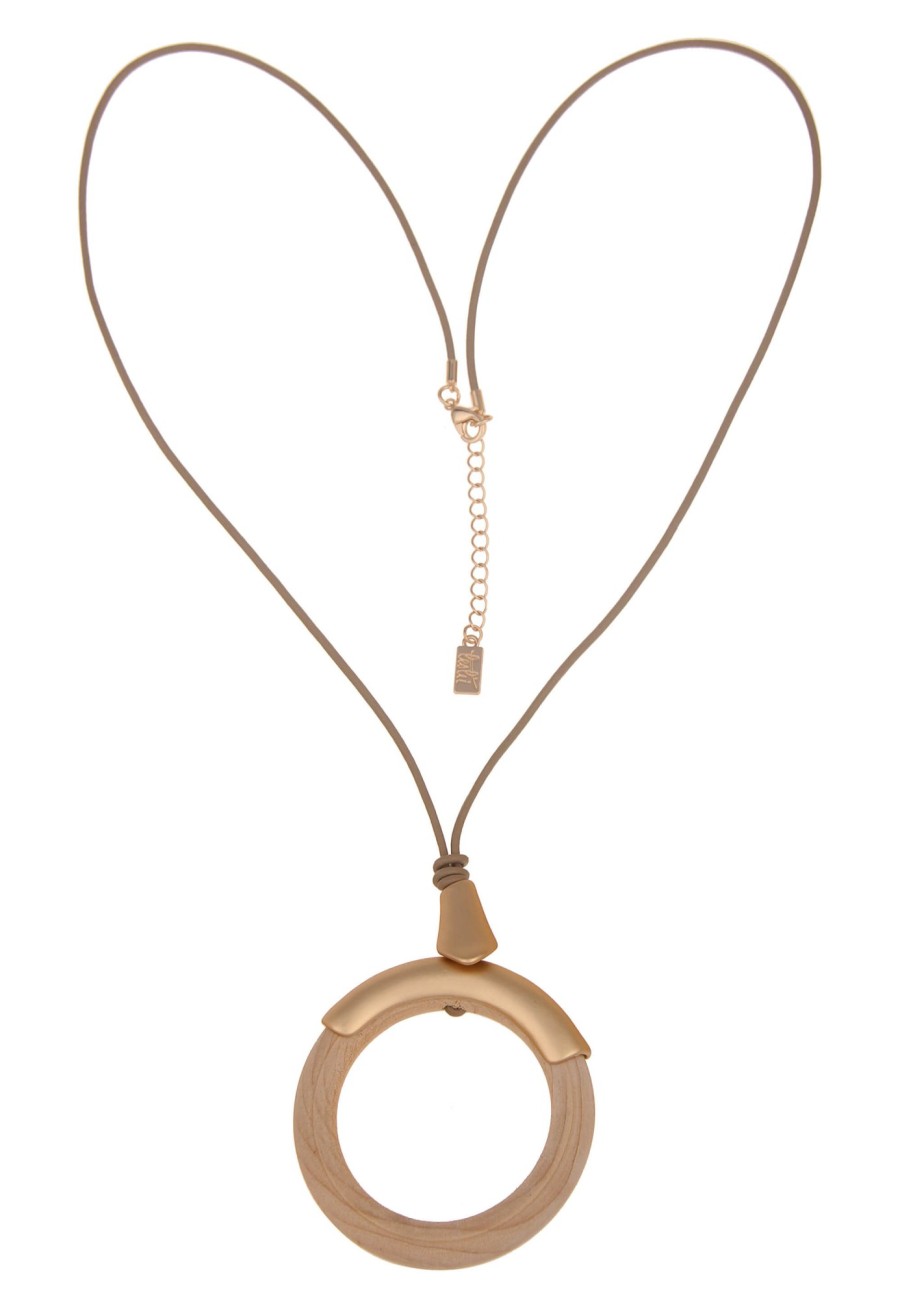 Ketten Leslii | Leslii Damen-Kette Holz-Anhanger Lange Halskette Ring-Anhanger Modeschmuck-Kette Gold Beige