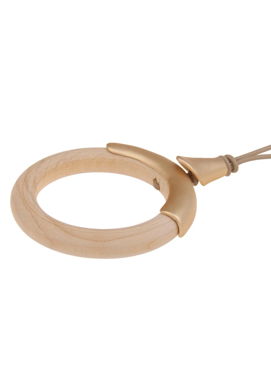 Ketten Leslii | Leslii Damen-Kette Holz-Anhanger Lange Halskette Ring-Anhanger Modeschmuck-Kette Gold Beige