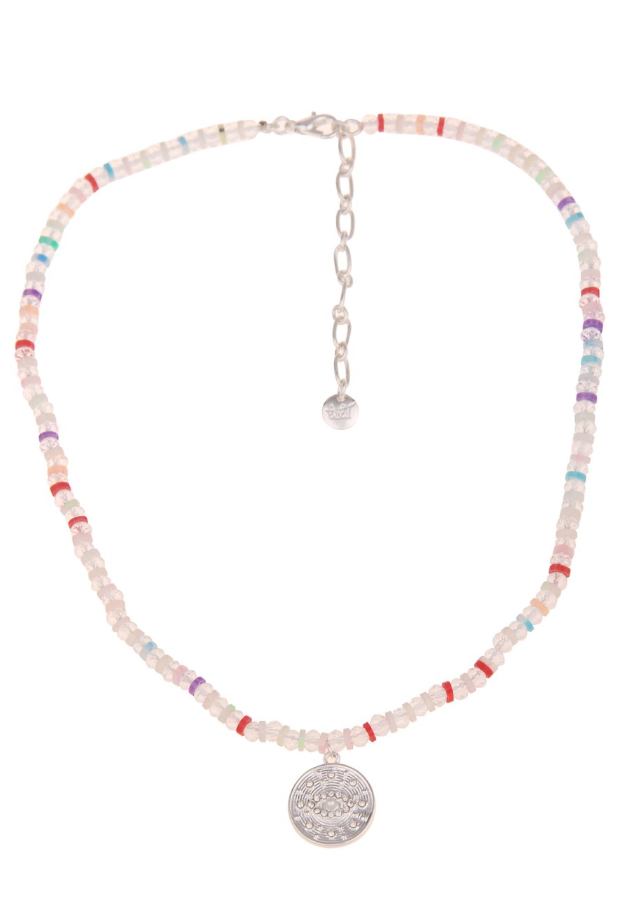 Ketten Leslii | Leslii Damen-Kette Glasperlen Munz-Anhanger Bunte Halskette Kurze Modeschmuck-Kette Silber Bunt