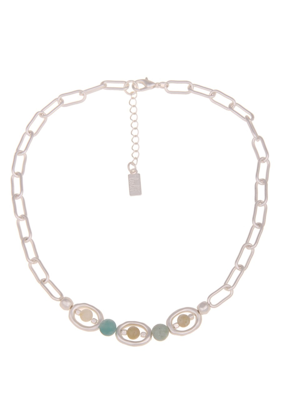 Ketten Leslii | Leslii Damen-Kette Natursteine Glieder-Kette Stein-Kette Kurze Modeschmuck-Kette Silber Mint