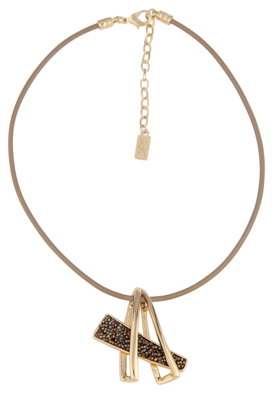 Ketten Leslii | Leslii Damen-Kette Yvonne Statement Glitzer Lederlook-Band Modeschmuck Braun Gold