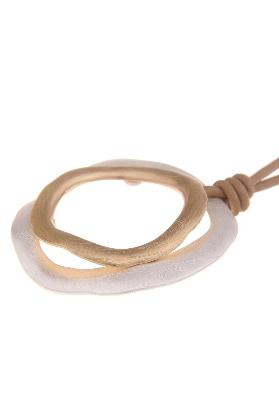 Ketten Leslii | Leslii Damen-Kette Ring-Anhanger Bicolor Lange Halskette Lederlook-Band Modeschmuck Gold Silber