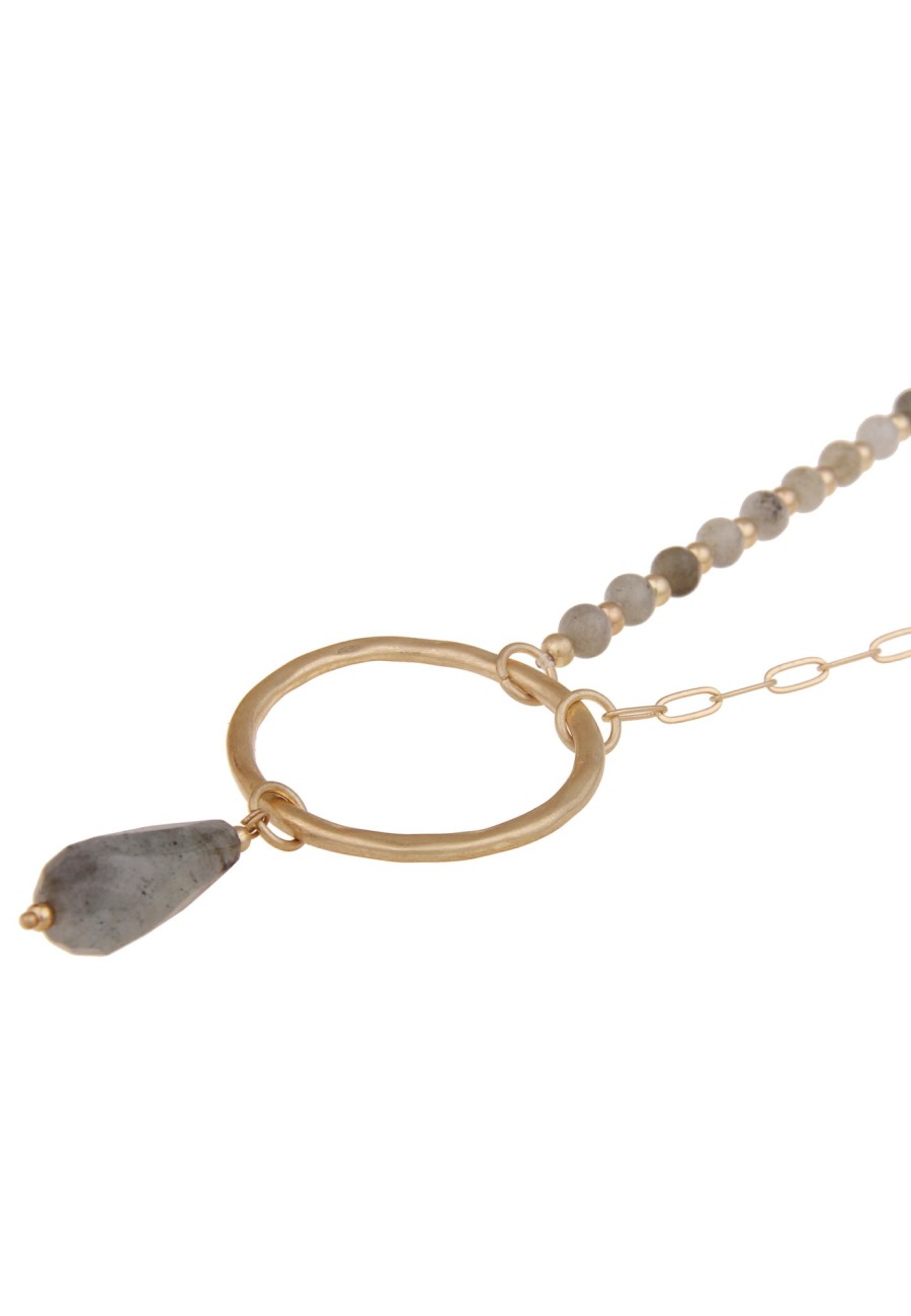 Ketten Leslii | Leslii Damen-Kette Stein-Anhanger Tropfen Glieder-Kette Natursteine Modeschmuck-Kette Gold Grau